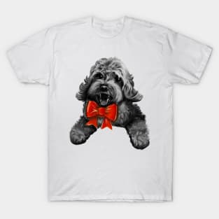 Cute Cavapoo Cavoodle puppy dog with red bow  - Monochrome cavalier king charles spaniel poodle, puppy love T-Shirt